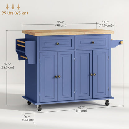 Kitchen Island with Storage, Rolling Trolley Cart with Rubber Wood Top, Spice Rack, Towel Rack, Brown Oak
