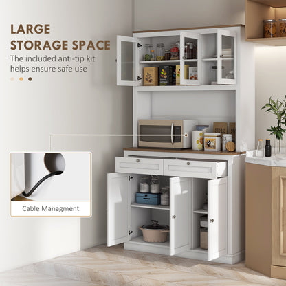 71" Pantry Cabinet with Microwave Space, Buffet with Hutch, 2 Drawers, Adjustable Shelves and Glass Doors, Blue