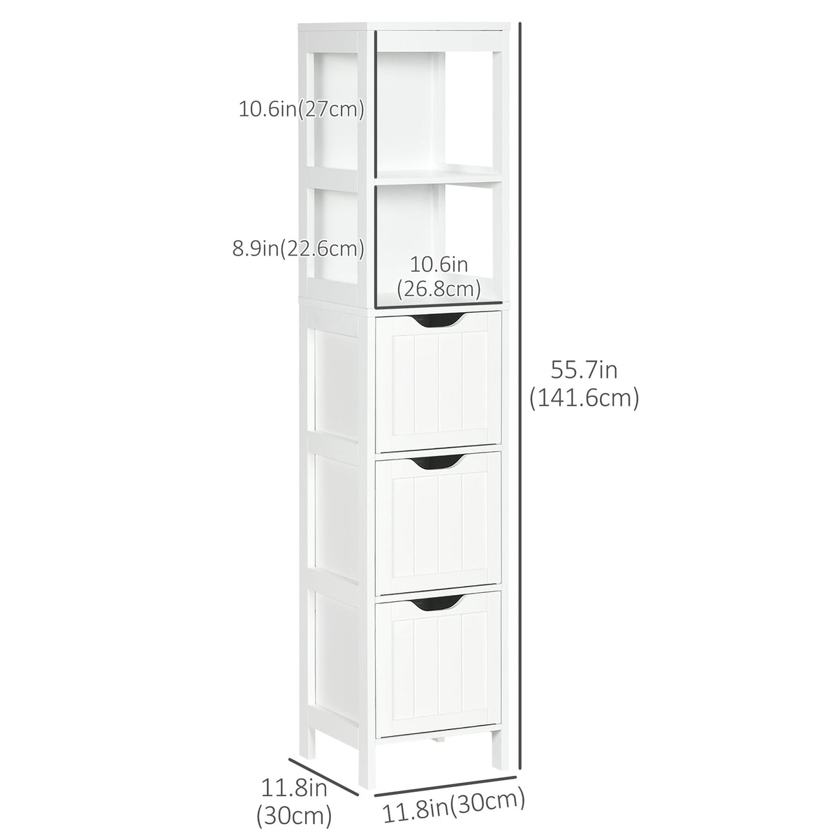 Narrow Bathroom Cabinet with 3 Drawers and 2 Tier Shelf, Tall Cupboard Freestanding Linen Tower, White