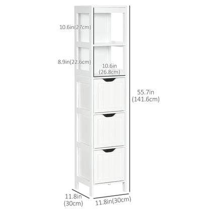 Narrow Bathroom Cabinet with 3 Drawers and 2 Tier Shelf, Tall Cupboard Freestanding Linen Tower, White