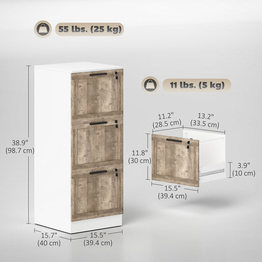3 Drawer Filing Cabinet, Farmhouse File Cabinet with Lock, Adjustable Hanging Rails for A4 Letter Size Files, White