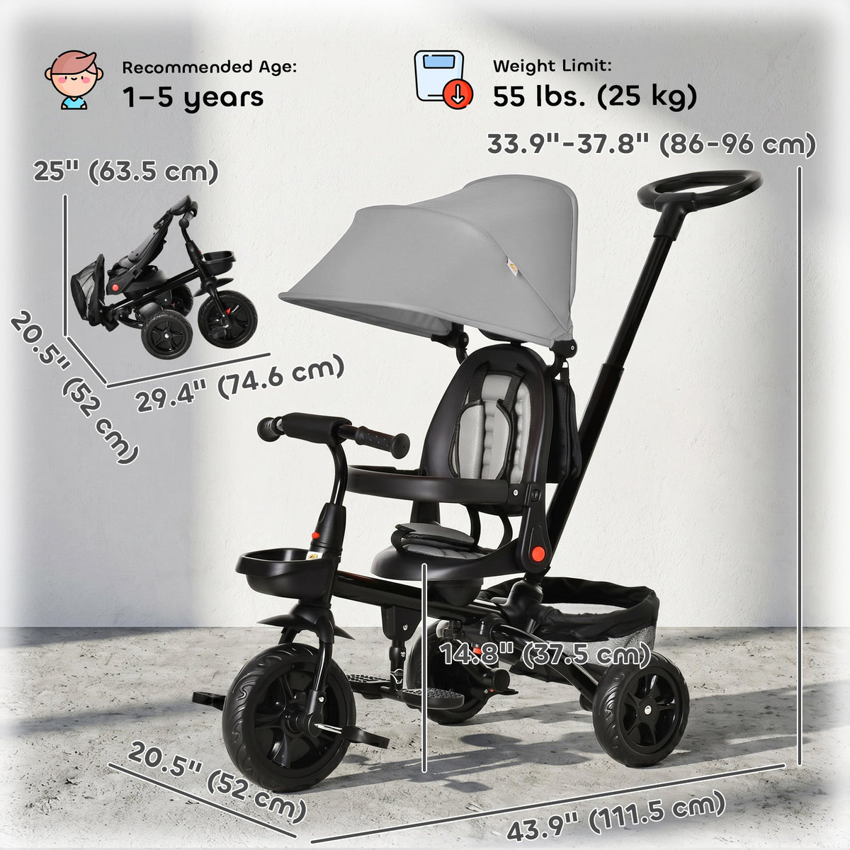 Tricycle for Toddler 5 in 1 Kids Trike, Foldable Converts Stroller to Toddler Bike, Adjustable Backrest & Curved Canopy, Detachable Guardrail & Handle for 1-5 Years Old, Black