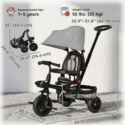 Tricycle for Toddler 5 in 1 Kids Trike, Foldable Converts Stroller to Toddler Bike, Adjustable Backrest & Curved Canopy, Detachable Guardrail & Handle for 1-5 Years Old, Black