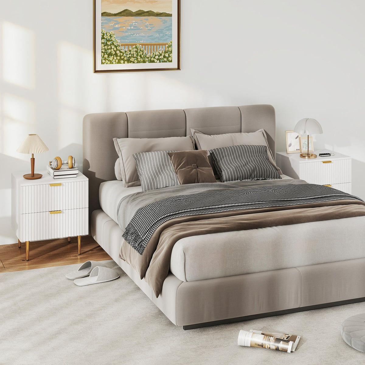 Bedside Table, Modern Nightstand with 2 Drawers, Side End Table with Metal Legs for Living Room, Bedroom, White