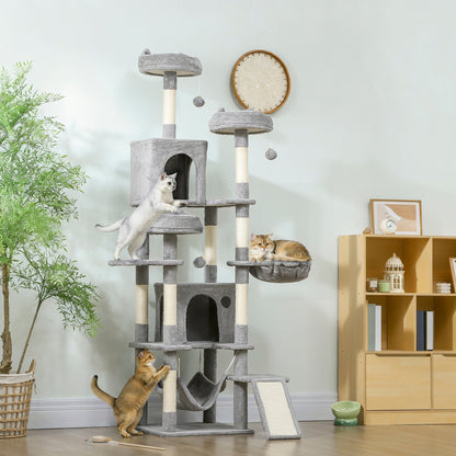 76" Large Cat Tree for Indoor Cats with 8 Scratching Posts, 3 Plush Beds, 2 Hammocks, 2 Large Condos, Ramp, Dark Grey