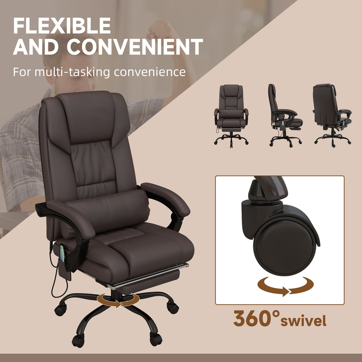 6-Point Vibration Massage Chair, Height Adjustable Reclining Computer Chair with Retractable Footrest, Black