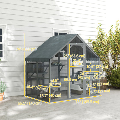Large Catio Outdoor with Waterproof Cover, 2 Resting Boxes, 4 Platforms, Bridge, for 2-4 Kittens, Grey