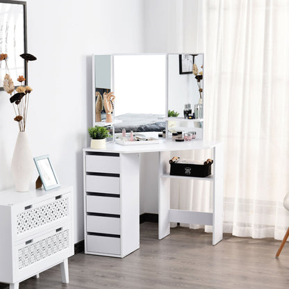 Corner Vanity Desk with Mirror, Makeup Vanity Table with 5 Drawers and Open Shelves, Dressing Table with 3-piece Mirror for Bedroom, Black
