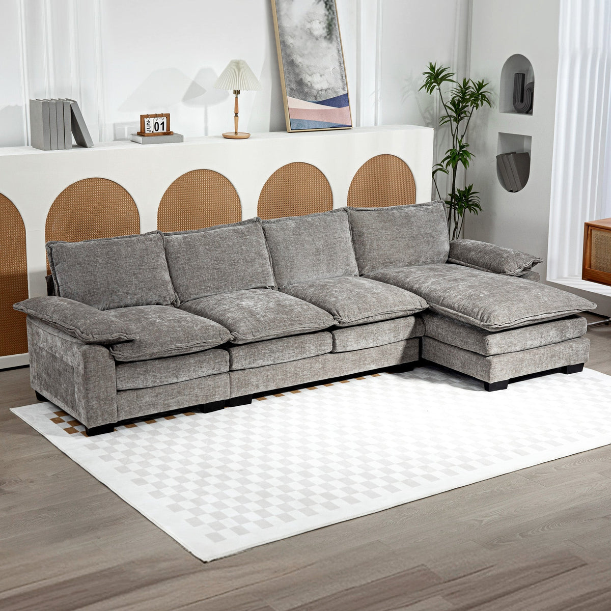 Sofa Couch with Chaise Lounge, Chenille L-shaped Couch with Double-layer Seat Cushion for Living Room, Grey