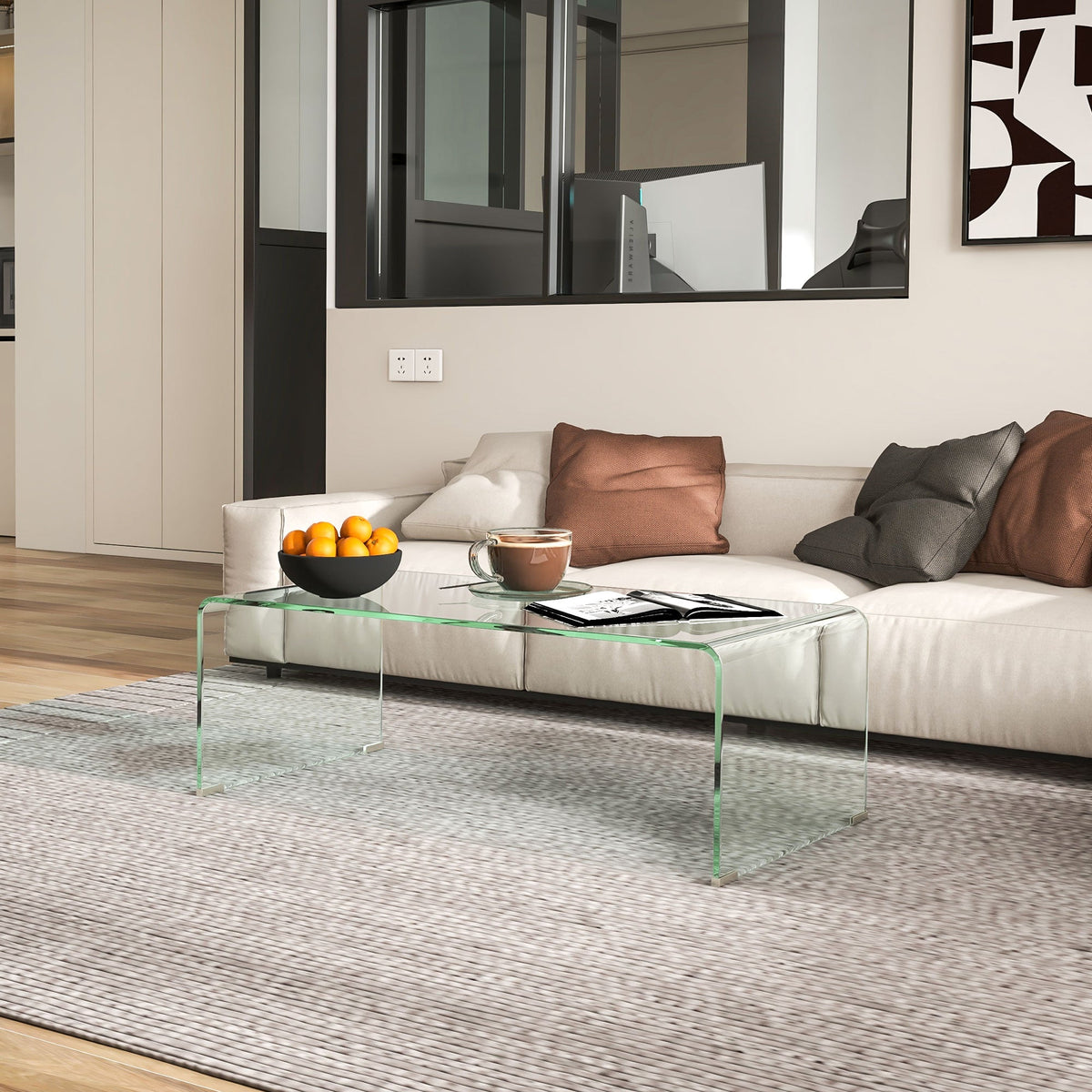 Glass Coffee Table, Clear Coffee Table for Living Room, Modern Rectangle Center Table with Safe Rounded Edges
