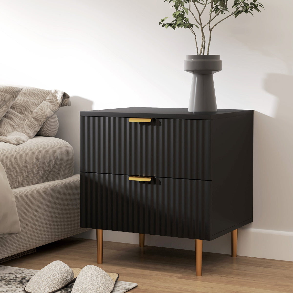 Bedside Table, Modern Nightstand with 2 Drawers, Side End Table with Metal Legs for Living Room, Bedroom, Black