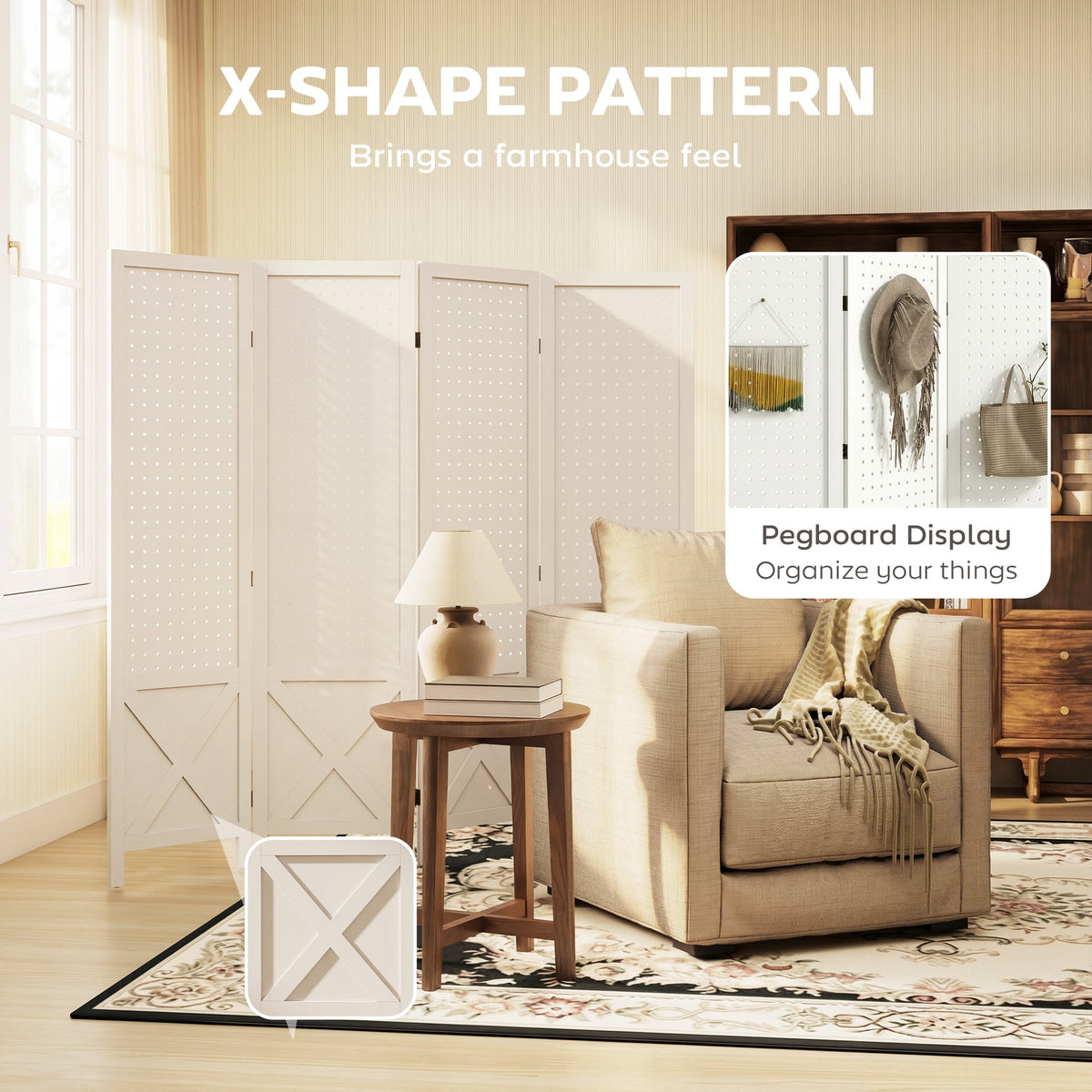 4.7' 3 Panel Wooden Room Divider with Pegboard Display, Folding Privacy Screen for Home Office, Natural