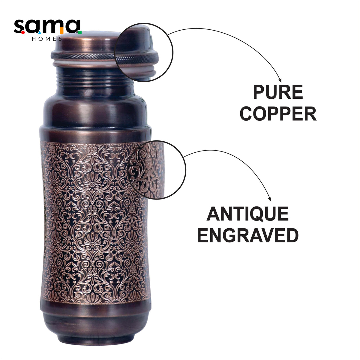Pure Copper Jumbo Water Bottle (1300ML) | Black Antique Engraving | Handcrafted, Ayurvedic & Sustainable Hydration