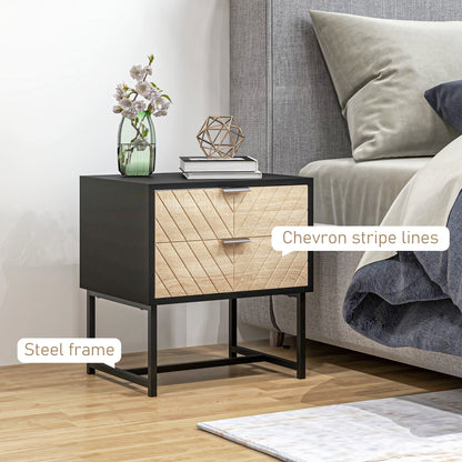 Emery Modern Bedside Table with 2 Drawers and Steel Legs-Black/Oak