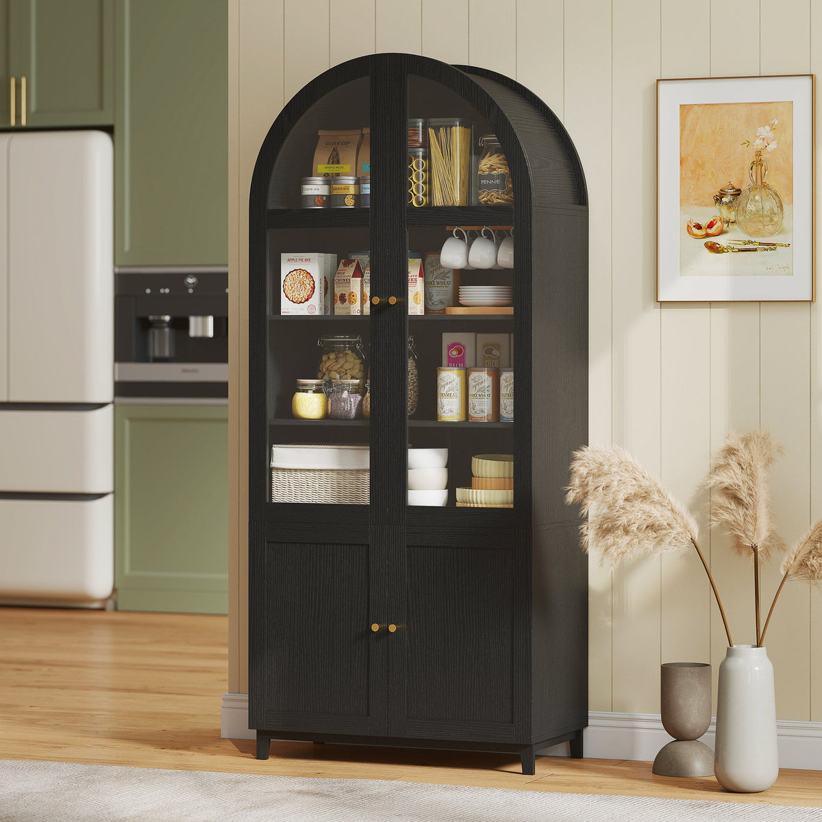 Arched Kitchen Pantry Cabinet, 71" Tall Farmhouse Kitchen Storage Cabinet with Acrylic Glass Doors, Oak