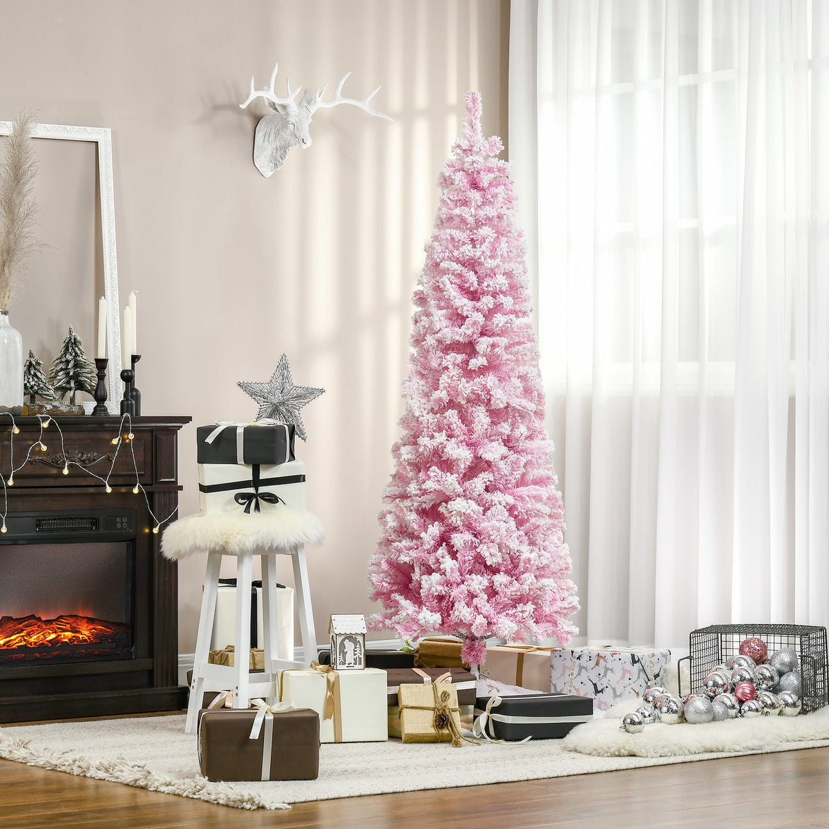 5 FT Snow Flocked Artificial Christmas Tree, Pencil Xmas Tree with Realistic Branches, Auto Open and Steel Base, Pink