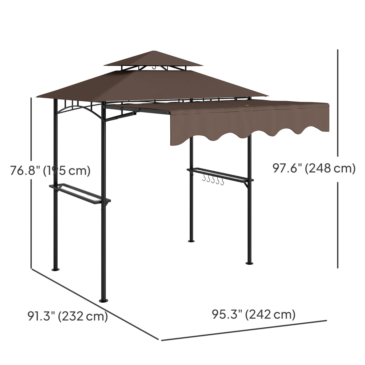 8' x 7.6' Grill Gazebo, Double Tiered Barbecue Grill Gazebo Shelter w/ Side Awning, 2 Side Shelves, 6 Hooks, Beige