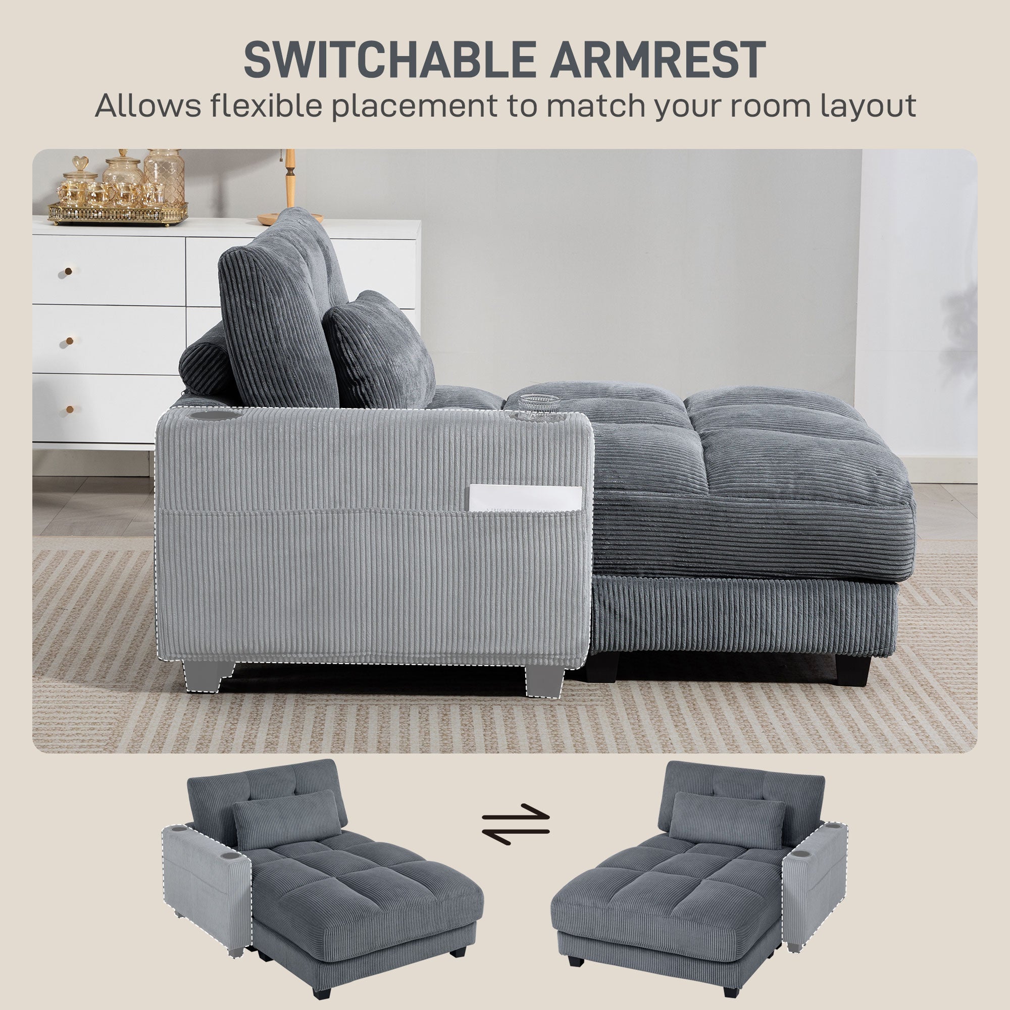 Andi Corduroy Chaise Lounger with 2 Cup Holders-Dark Grey