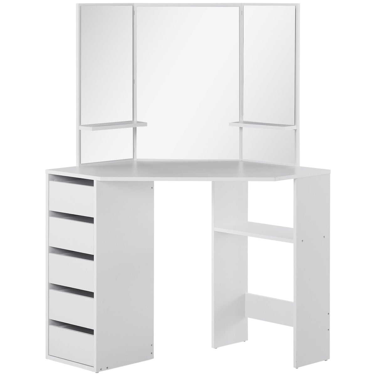 Corner Vanity Desk with Mirror, Makeup Vanity Table with 5 Drawers and Open Shelves, Dressing Table with 3-piece Mirror for Bedroom, Black