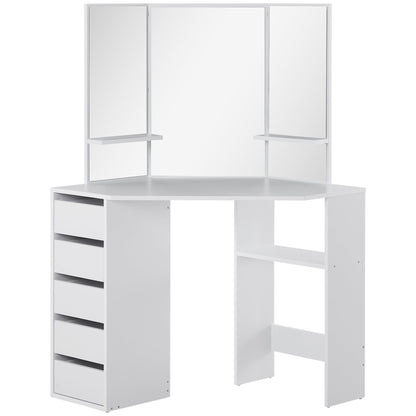 Corner Vanity Desk with Mirror, Makeup Vanity Table with 5 Drawers and Open Shelves, Dressing Table with 3-piece Mirror for Bedroom, Black