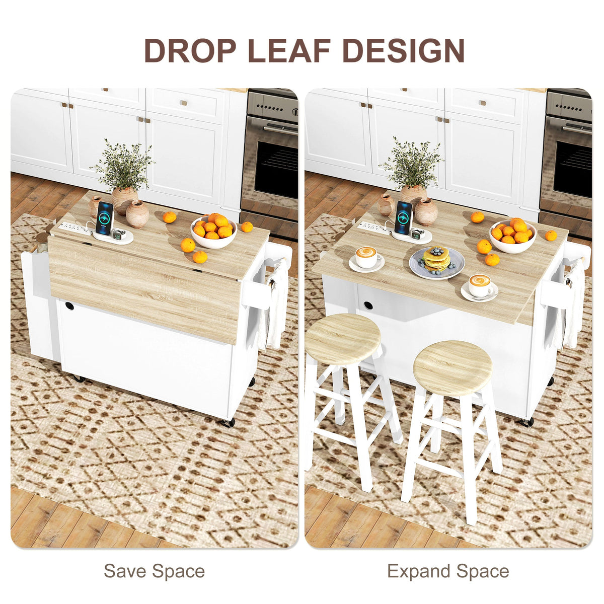 Kitchen Island with Storage, Rolling Kitchen Cart with Foldable Drop Leaf, Power Outlet and USB Ports, Black