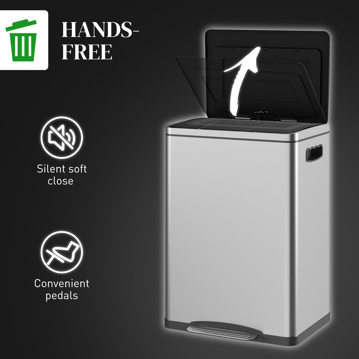 2x5.3 gal (2x20 L) Garbage Bin, Stainless Steel Garbage Can with Soft-Close Lid and Removable Inner Buckets, Black