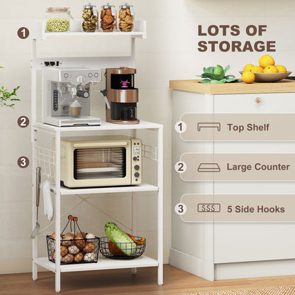 Kitchen Baker's Rack with Power Outlet, Coffee Bar Station with Adjustable Shelves and Hooks, Distressed Grey