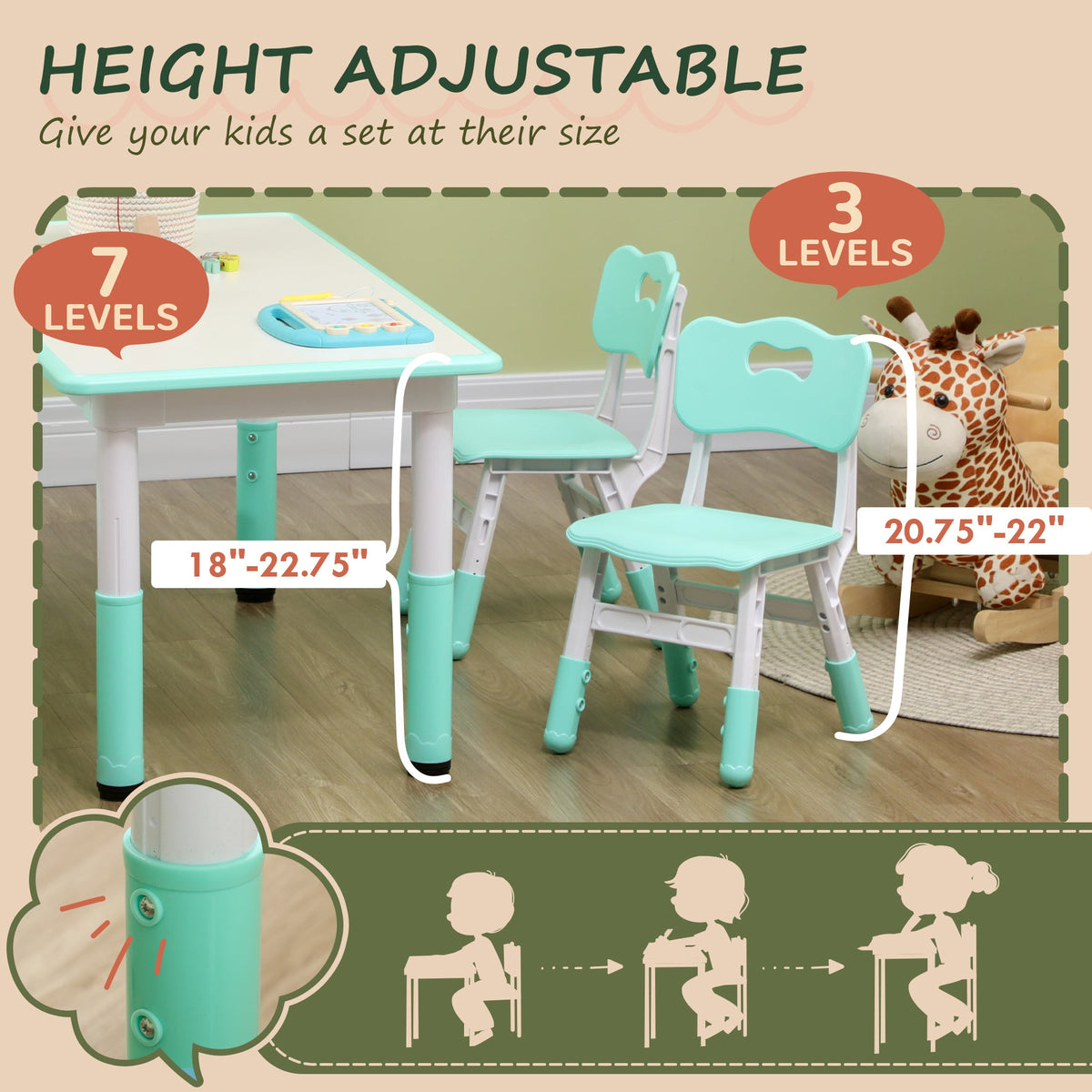 Kids Table and Chair Set with 4 Chairs, Adjustable Height, Easy to Clean, for 1.5 - 8 Years Old, Green