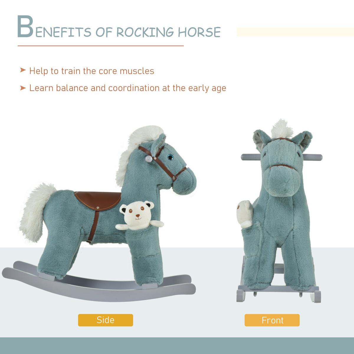Kids Rocking Horse Plush Animal on Wooden Rockers with Sounds, Wooden Base and Bear Toy, Baby Rocking Chair, Brown