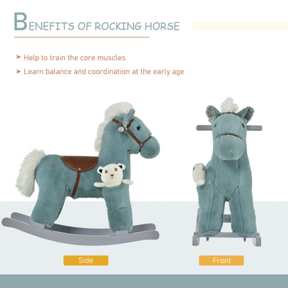 Kids Rocking Horse Plush Animal on Wooden Rockers with Sounds, Wooden Base and Bear Toy, Baby Rocking Chair, Brown