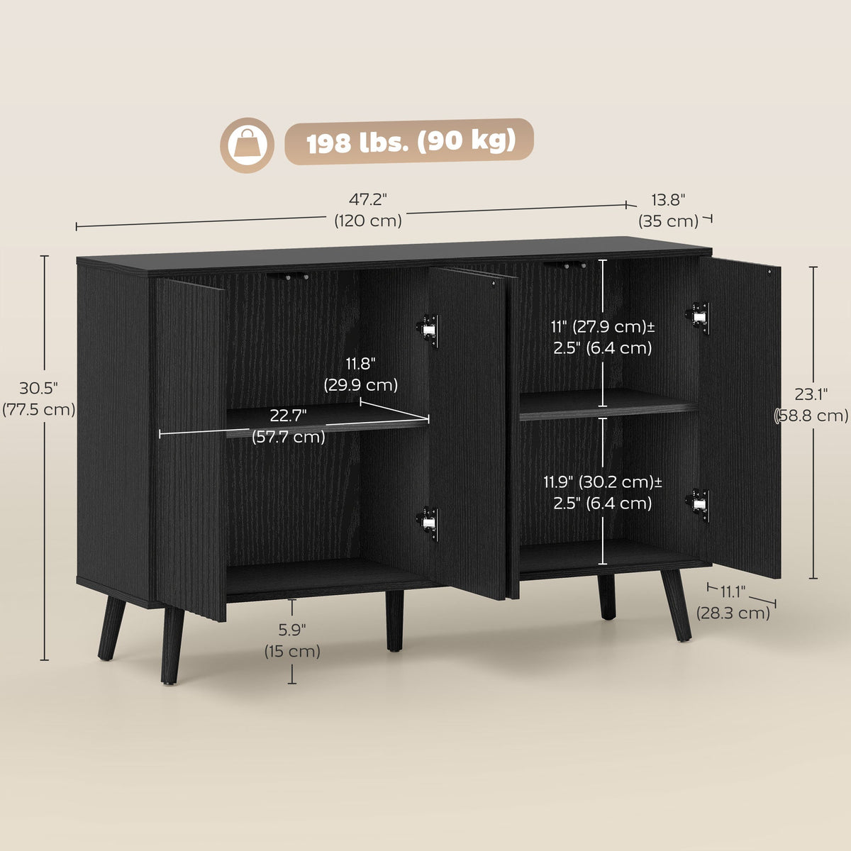 Buffet Cabinet with Storage Modern Fluted Sideboard with Adjustable Shelves Wood Legs for Dining Room Living Room Oak