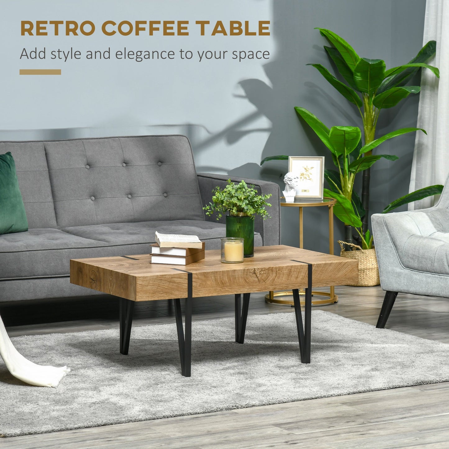 Clayton Rustic Coffee Table with Steel Hairpin Legs-Natural Wood