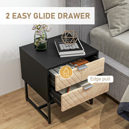 Emery Modern Bedside Table with 2 Drawers and Steel Legs-Black/Oak