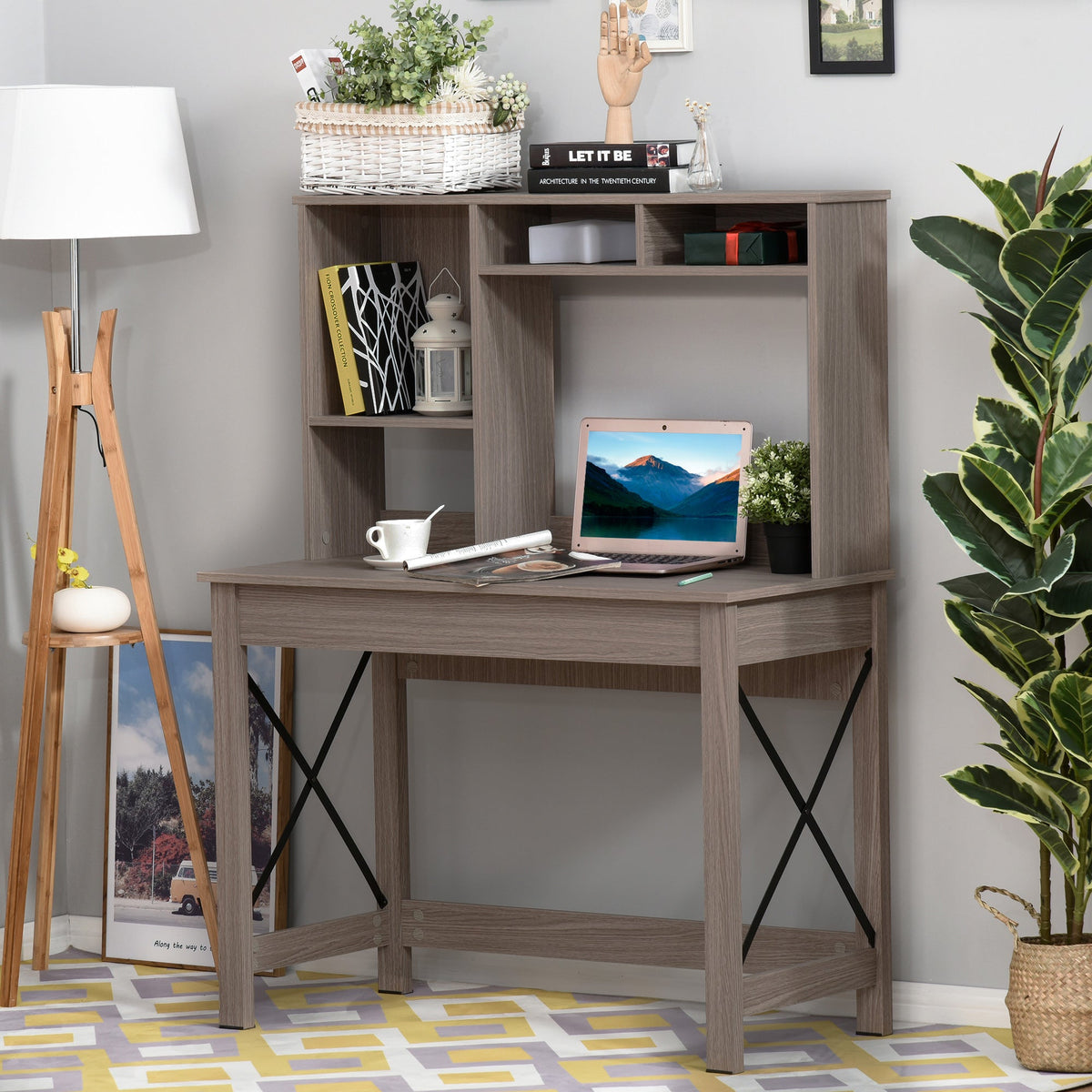 Computer Desk with Hutch, Home Office Table with Storage Shelves and Open Compartments for Writing, Work, Brown