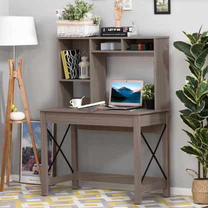 Computer Desk with Hutch, Home Office Table with Storage Shelves and Open Compartments for Writing, Work, Brown