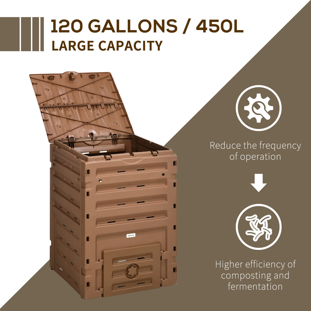 Compost Bin, Garden Composter with 80 Vents and 2 Doors, 120 Gallon (450L), Brown
