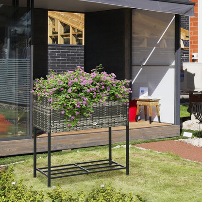 Rattan Raised Garden Boxes, Elevated Flower Beds with Storage Shelf for Herbs, Flowers, Vegetables, Brown