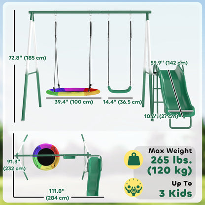 Metal Swing Set with Slide, Saucer Swing Seat, Heavy Duty A-Frame Stand and Adjustable Rope for Backyard, Dark Green