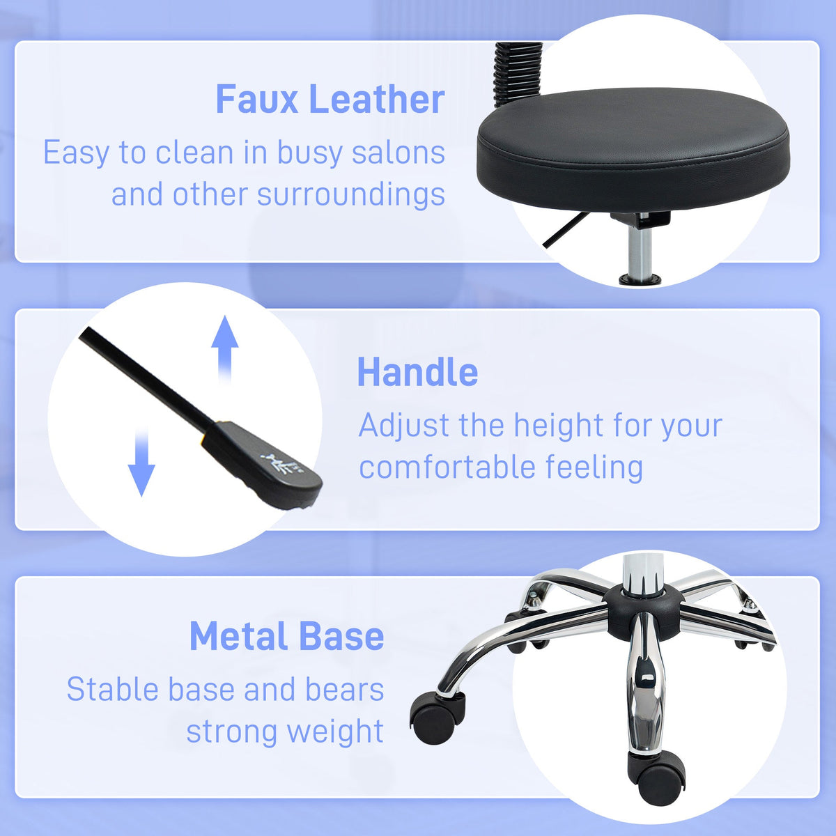 Adjustable Rolling Stool with Removable Backrest, Faux Leather Swivel Stool Chair for Salon Spa, Bar, Massage, Black