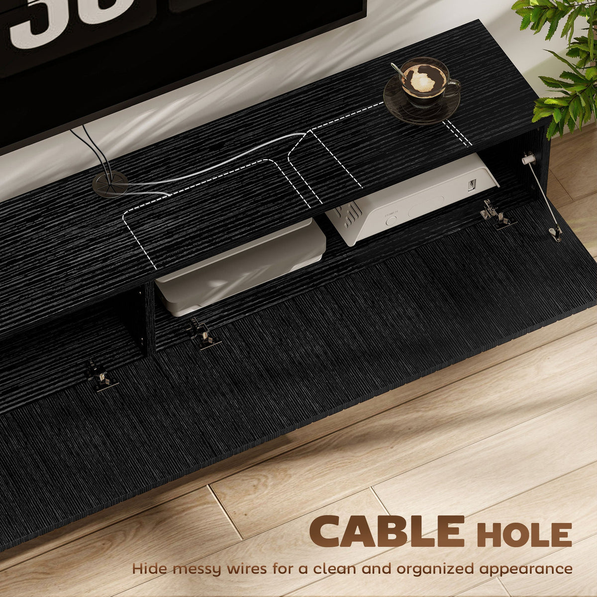 71" Floating TV Stand for TVs up to 72 Inch, Wall Mount Media Console with 2 Fluted Flip-Down Doors, Cable Hole, Black