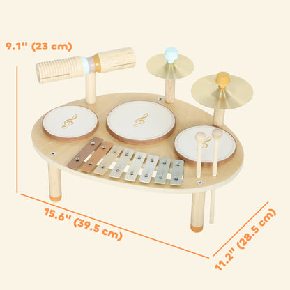 Toddler Drum Set, 4-in-1 Musical Instruments for Kids 2+, Gifts for Girls Boys Birthday, Natural Wood