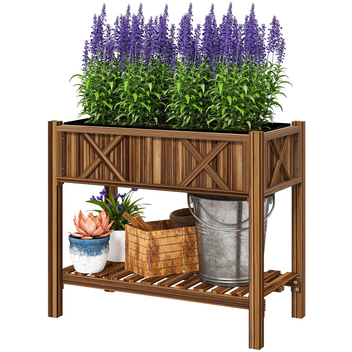 Wooden Raised Garden Bed, Elevated Planter Box with Storage Shelf, Drainage Holes and Liner, 34" x 18" x 30", Black