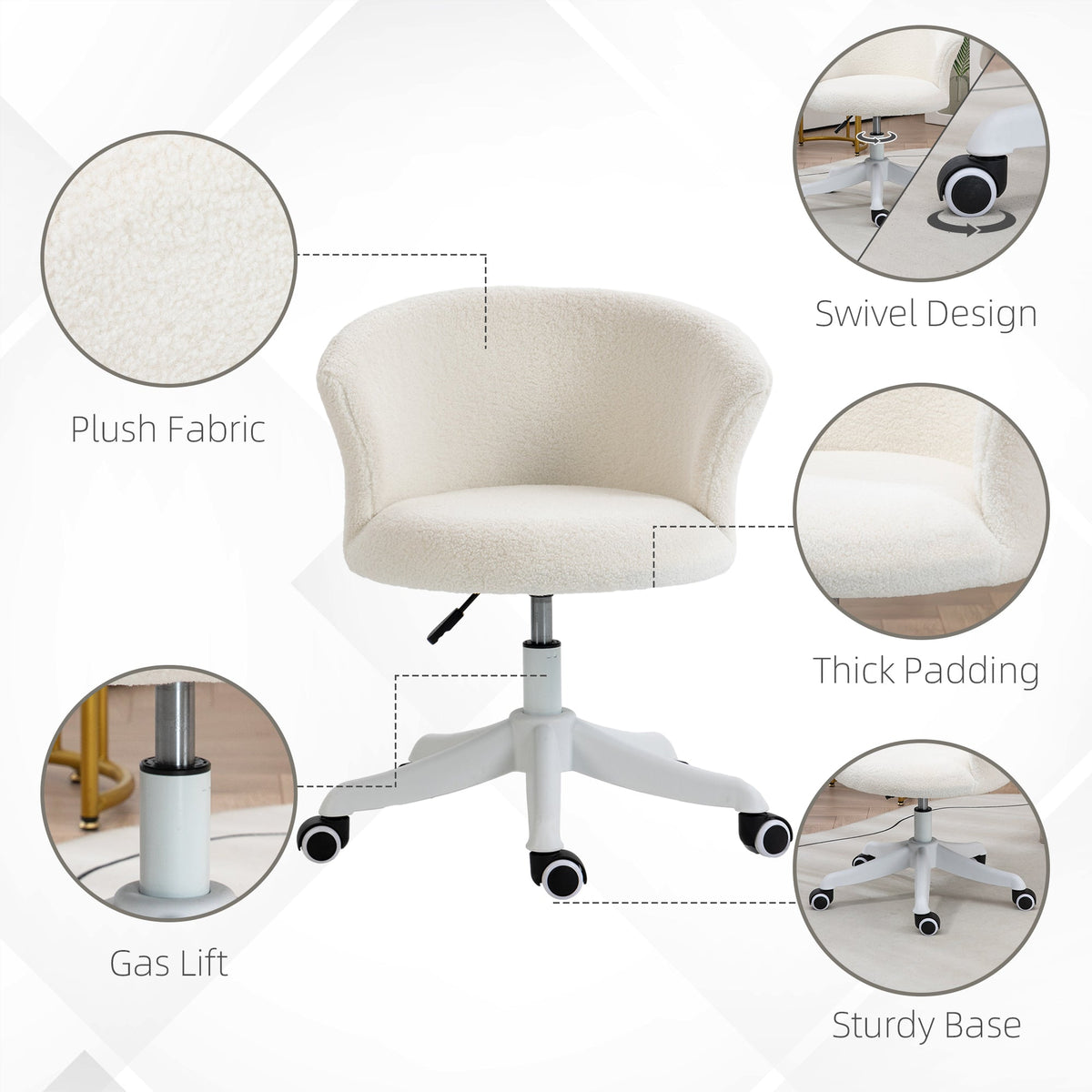Armless Office Chair, Fluffy Computer Desk Chair with Adjustable Height, Swivel Wheels, Mid Back, Grey