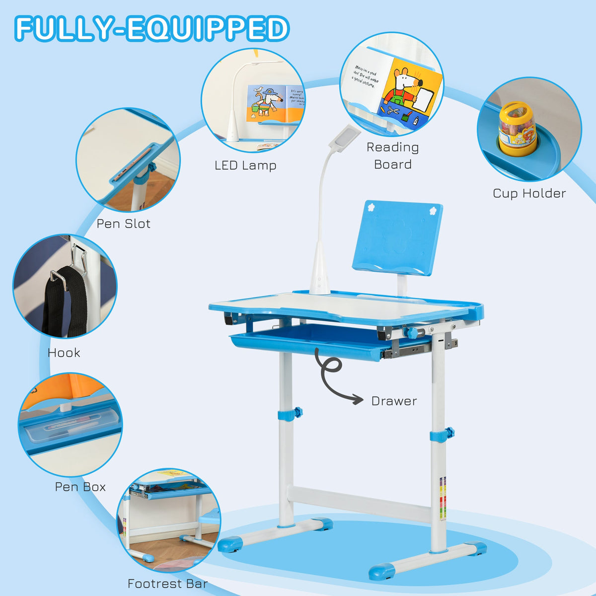 Kids Desk and Chair Set Height Adjustable Student Writing Desk Children School Study Table with Tilt Desktop, Blue
