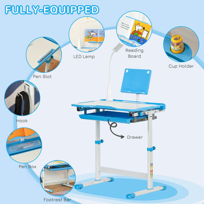 Kids Desk and Chair Set Height Adjustable Student Writing Desk Children School Study Table with Tilt Desktop, Blue
