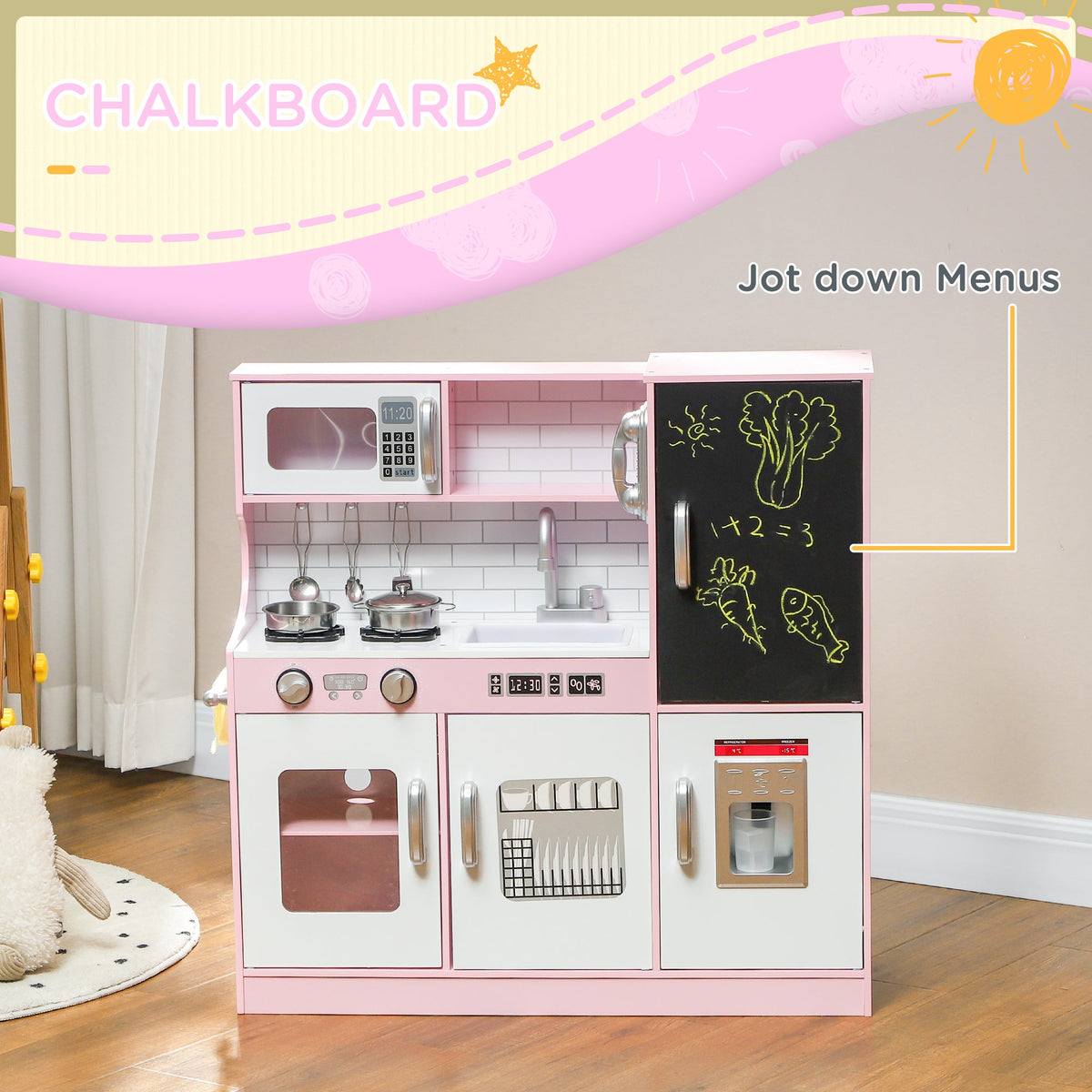 Play Kitchen for Kids, Kids Kitchen Playset w/ Chalkboard, Ice Maker, Play Phone, Sink, Microwave