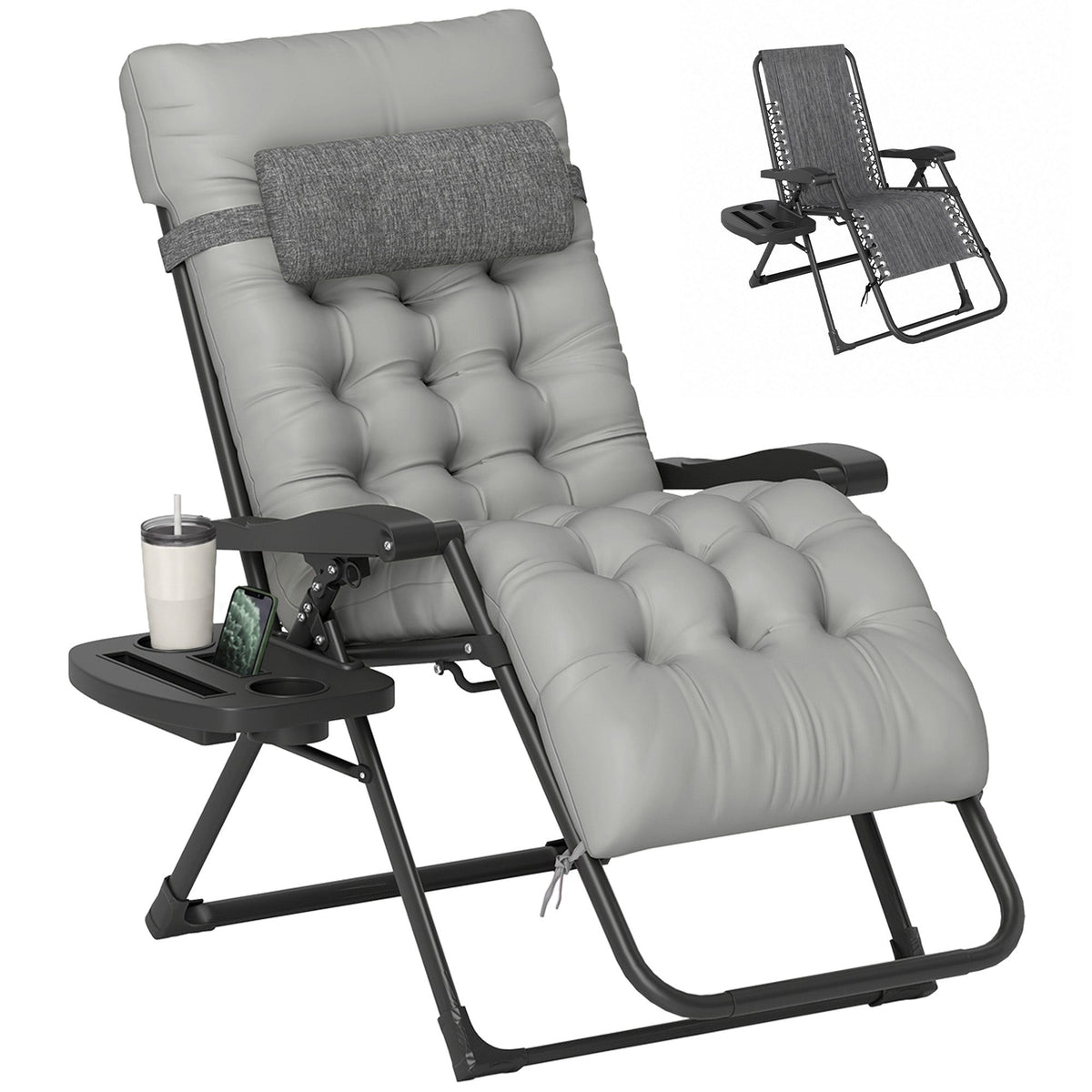 Padded Folding Recliner Chair, Patio Lounger with Cupholder, Adjustable Backrest, Removable Cushion, Black