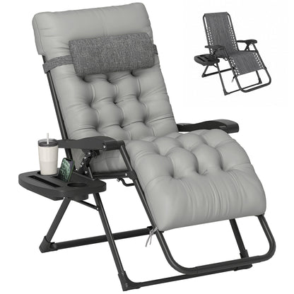 Padded Folding Recliner Chair, Patio Lounger with Cupholder, Adjustable Backrest, Removable Cushion, Black