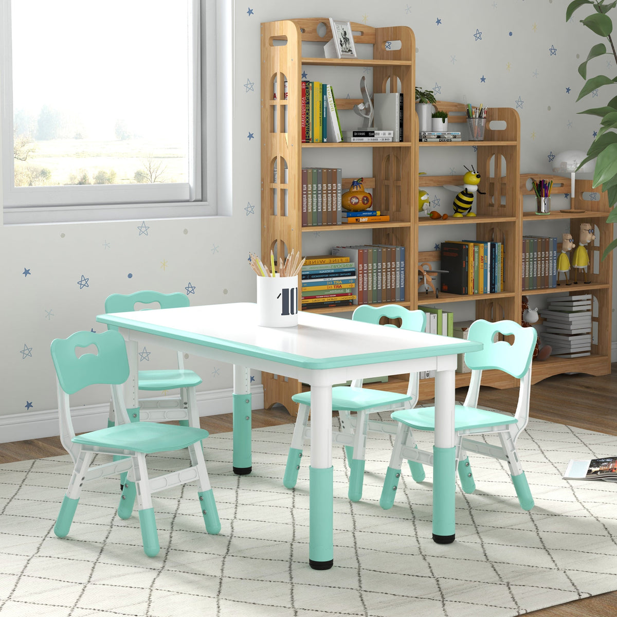 Kids Table and Chair Set with 4 Chairs, Adjustable Height, Easy to Clean, for 1.5 - 8 Years Old, Green