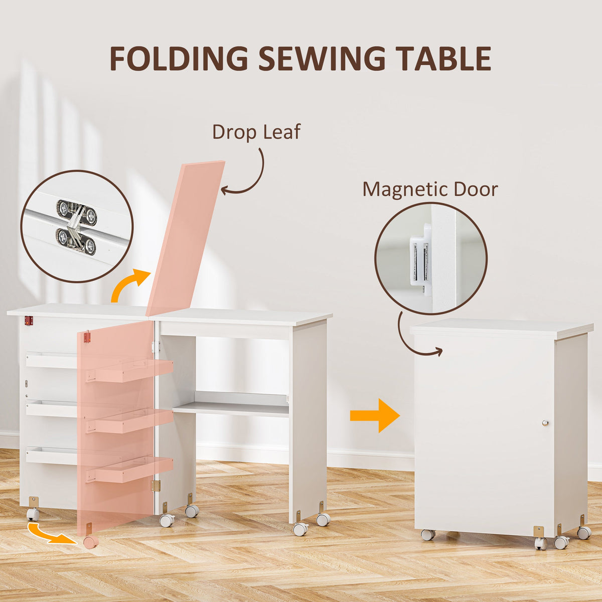 Sewing Machine Cabinet, Folding Sewing Table with Storage Shelf, Bins and Lockable Wheels for Small Space, Brown
